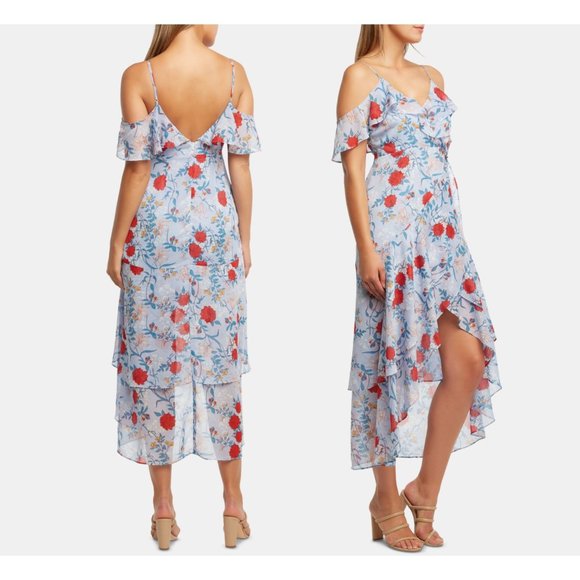 New BARDOT Chiffon Floral Print Maxi Dress XS Midi Slit Ruffle - Picture 5 of 13